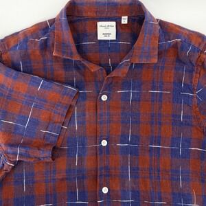 Murano Baird McNutt Linen Shirt Mens L Slim Fit Plaid Short Sleeve Rust Blue